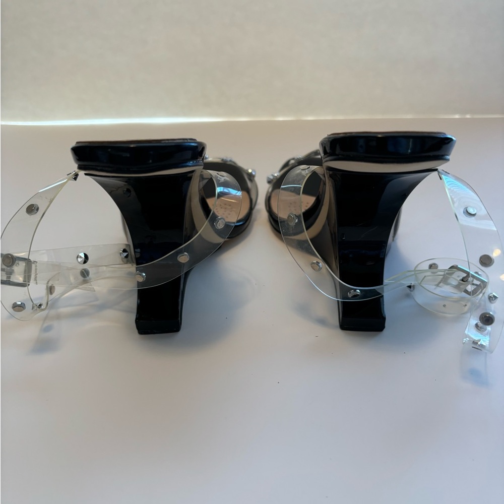 FINAL! NWOT! AZALEA WANG PATENT BLACK SILVER ACCENT CUT HEEL ANKLE WRAP HEELS - Picture 3 of 11